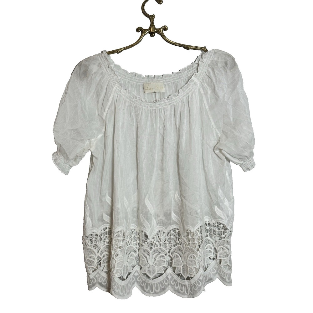 Love Sam Silk Cotton Semi Sheer Elastic Neckline Lace-Trim Top Women's S